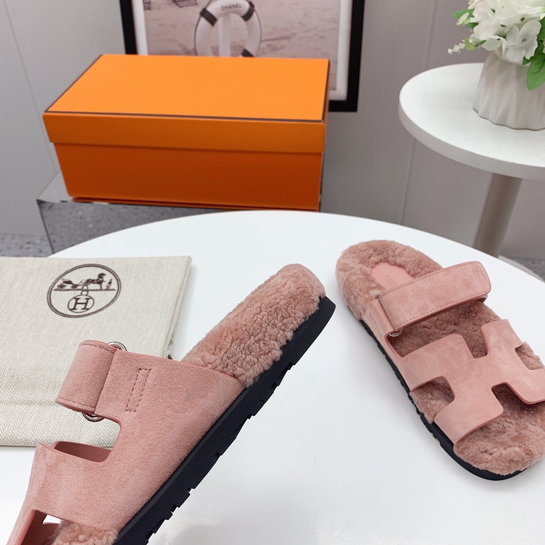 Chypre Sandal Pink shearling insole Pink Velvet leather lining - 35