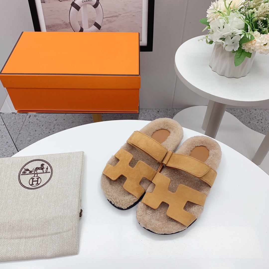 Chypre Sandal Beige shearling insole Light Brown Velvet leather lining - 35