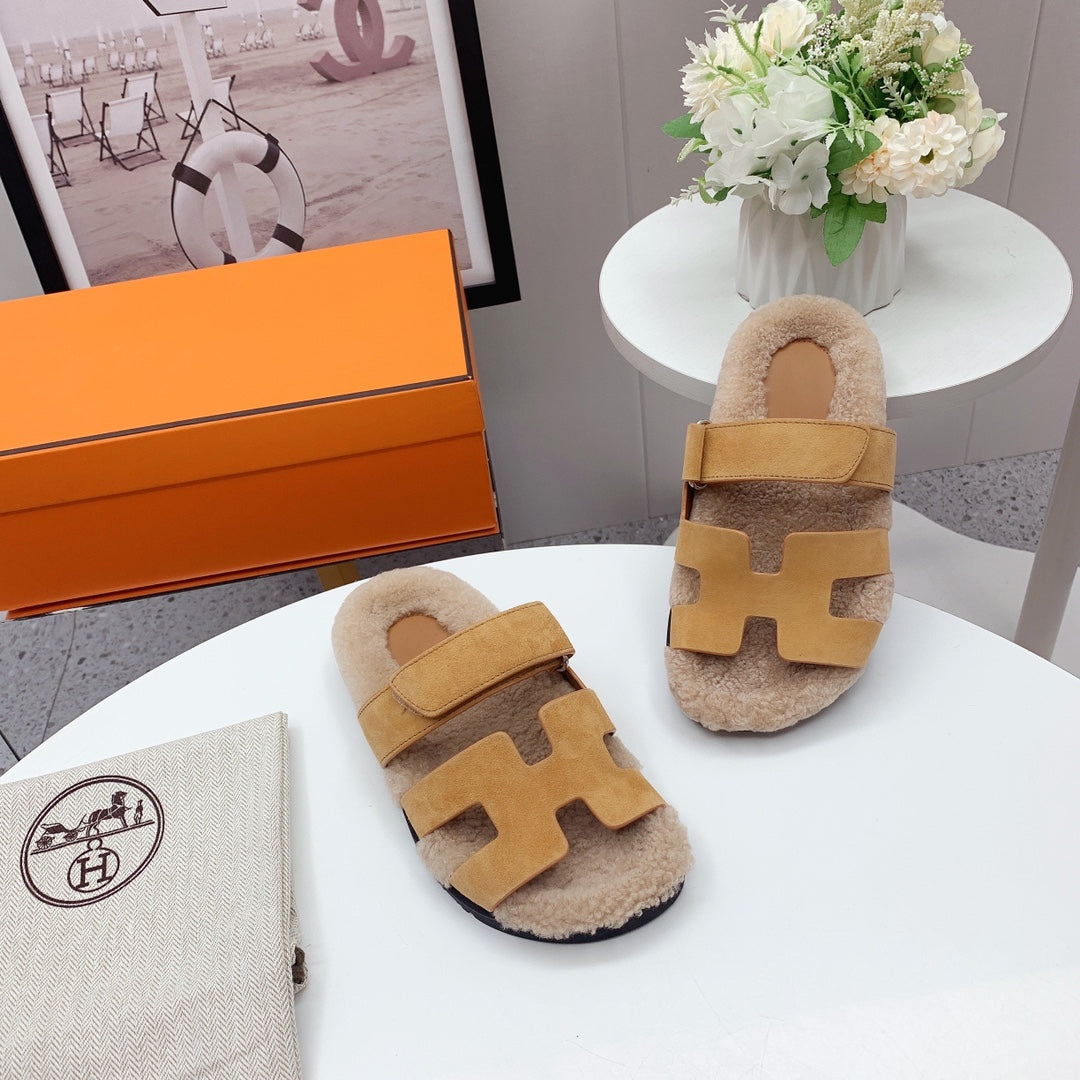 Chypre Sandal Beige shearling insole Light Brown Velvet leather lining - 35