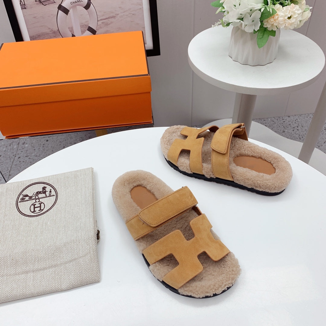 Chypre Sandal Beige shearling insole Light Brown Velvet leather lining - 35