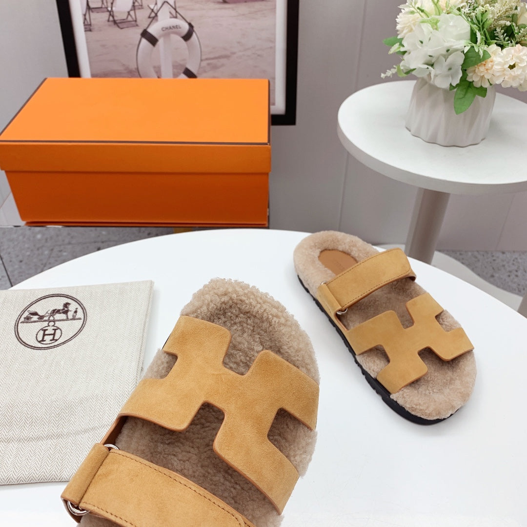 Chypre Sandal Beige shearling insole Light Brown Velvet leather lining - 35