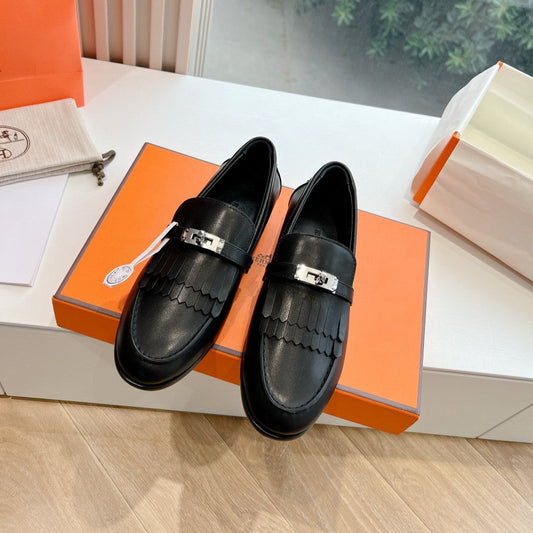 Destin Loafer Black Goatskin with Fringe Detail - 35