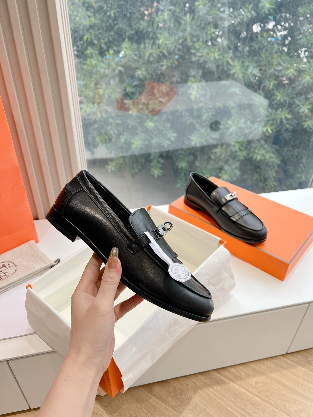 Destin Loafer Black Goatskin with Fringe Detail - 35