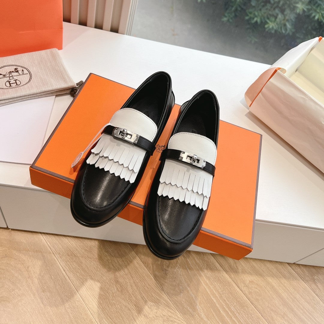 Destin Loafer Black Goatskin with White Fringe Detail - 35