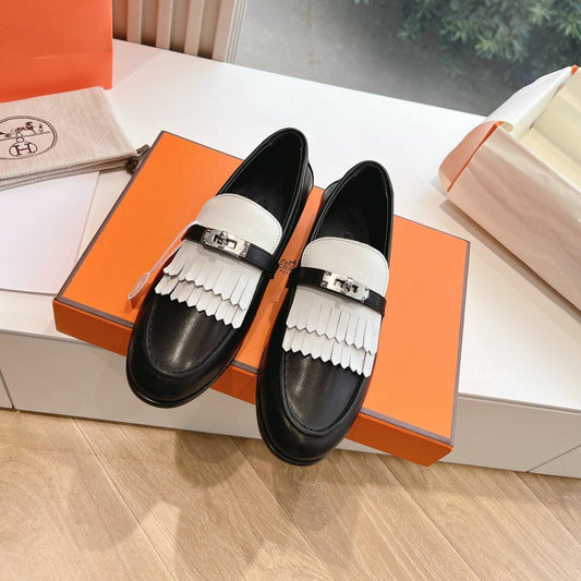 Destin Loafer Black Goatskin with White Fringe Detail - 35