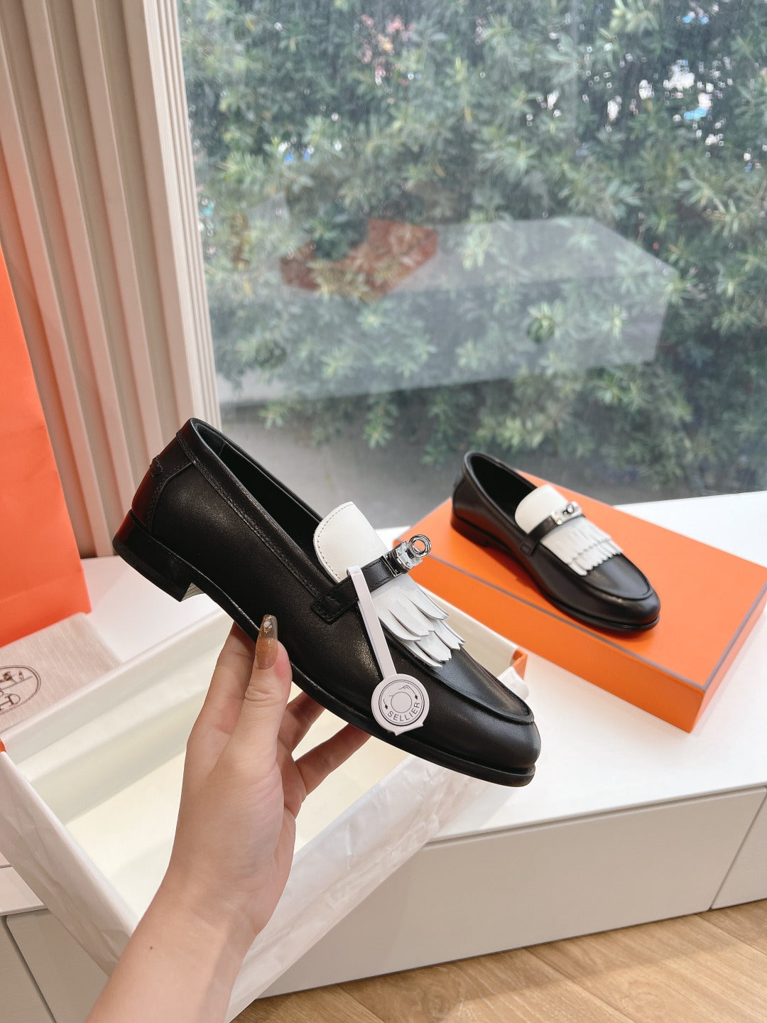 Destin Loafer Black Goatskin with White Fringe Detail - 35