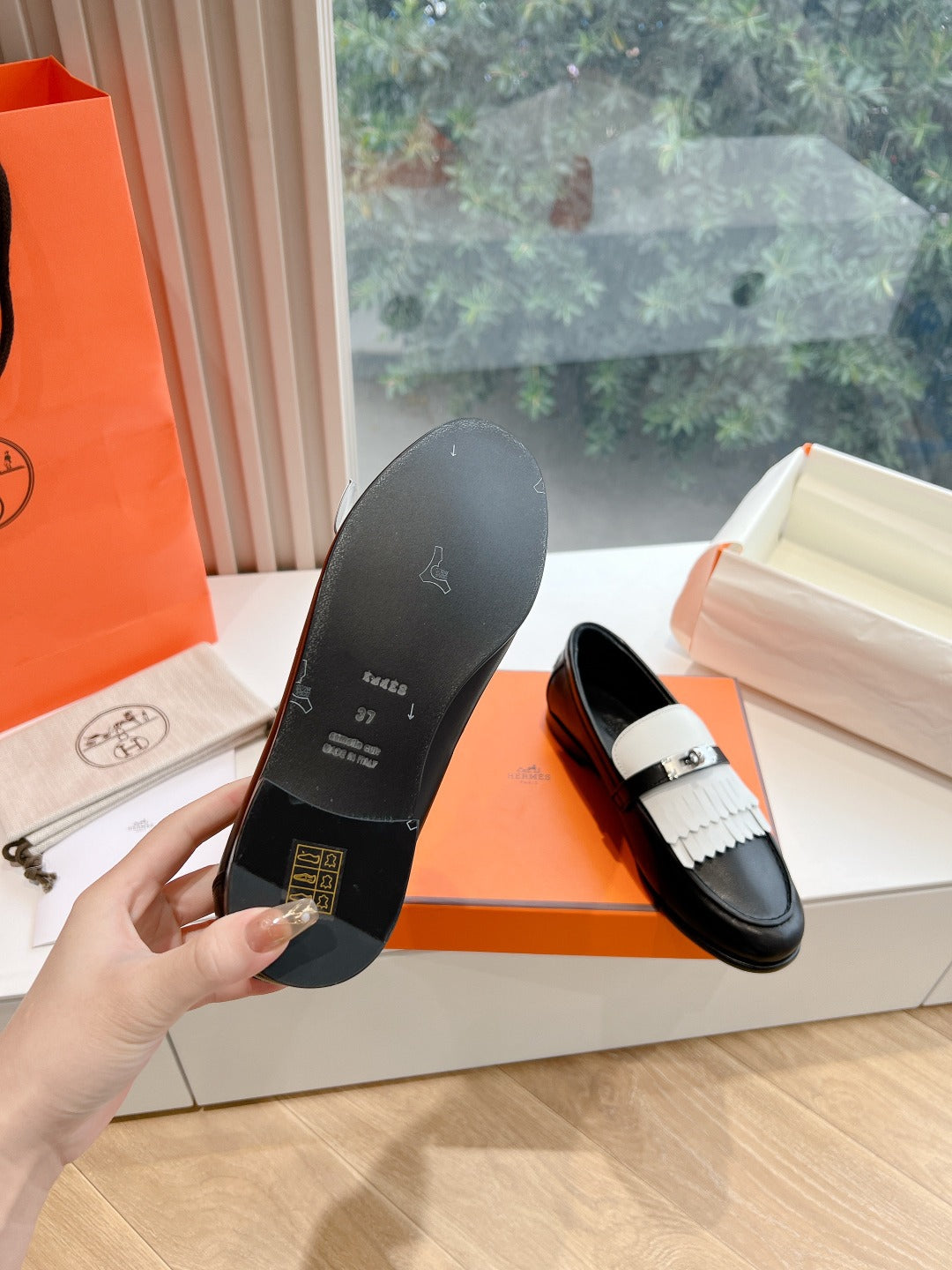 Destin Loafer Black Goatskin with White Fringe Detail - 35