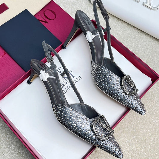 Vlogo Signature Slingback Black Calfskin With Crystals - 35 / 4cm