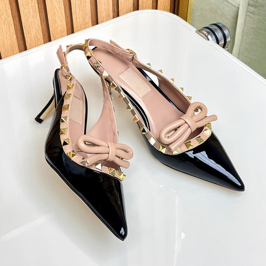 Rockstud Bow Slingback Black and Rose Cannelle Calfskin With Matching Studs - 35