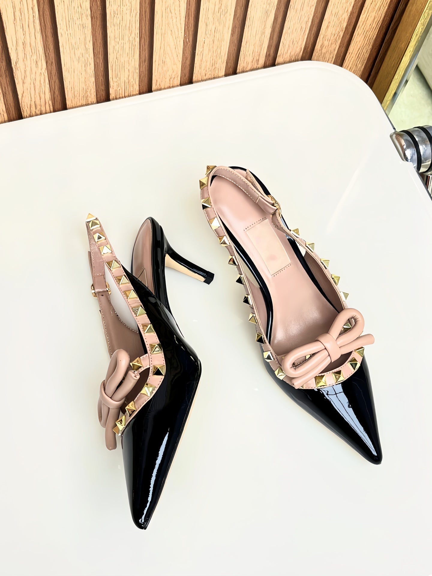 Rockstud Bow Slingback Black and Rose Cannelle Calfskin With Matching Studs - 35
