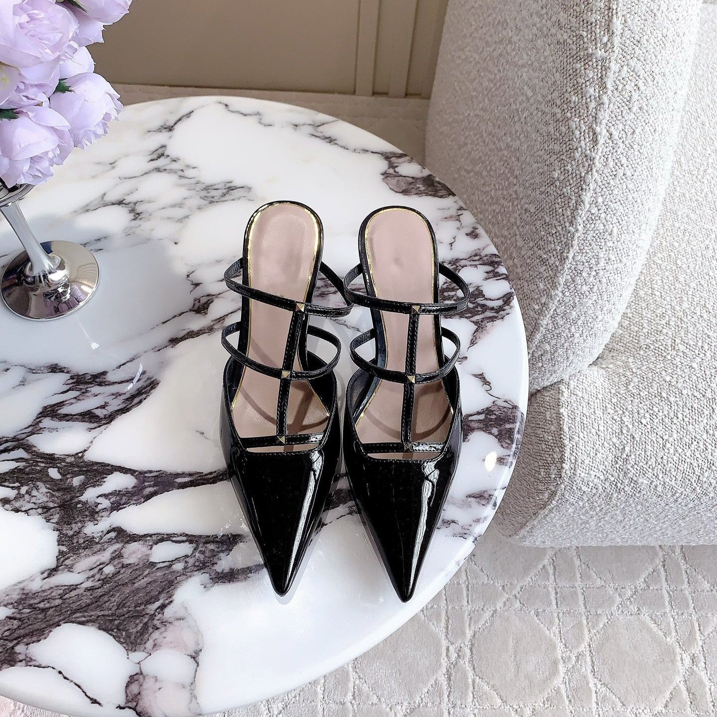 Rockstud Wispy Calfskin Mule 65mm Shiny Black - 35