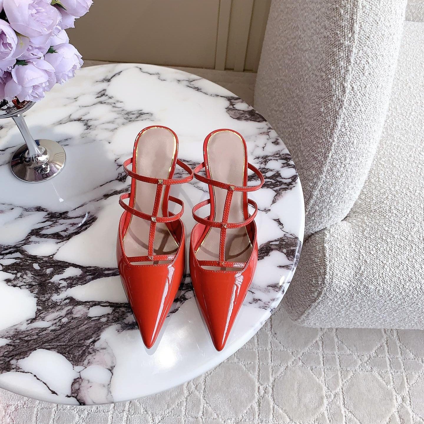 Rockstud Wispy Calfskin Mule 65mm Shiny Red - 35