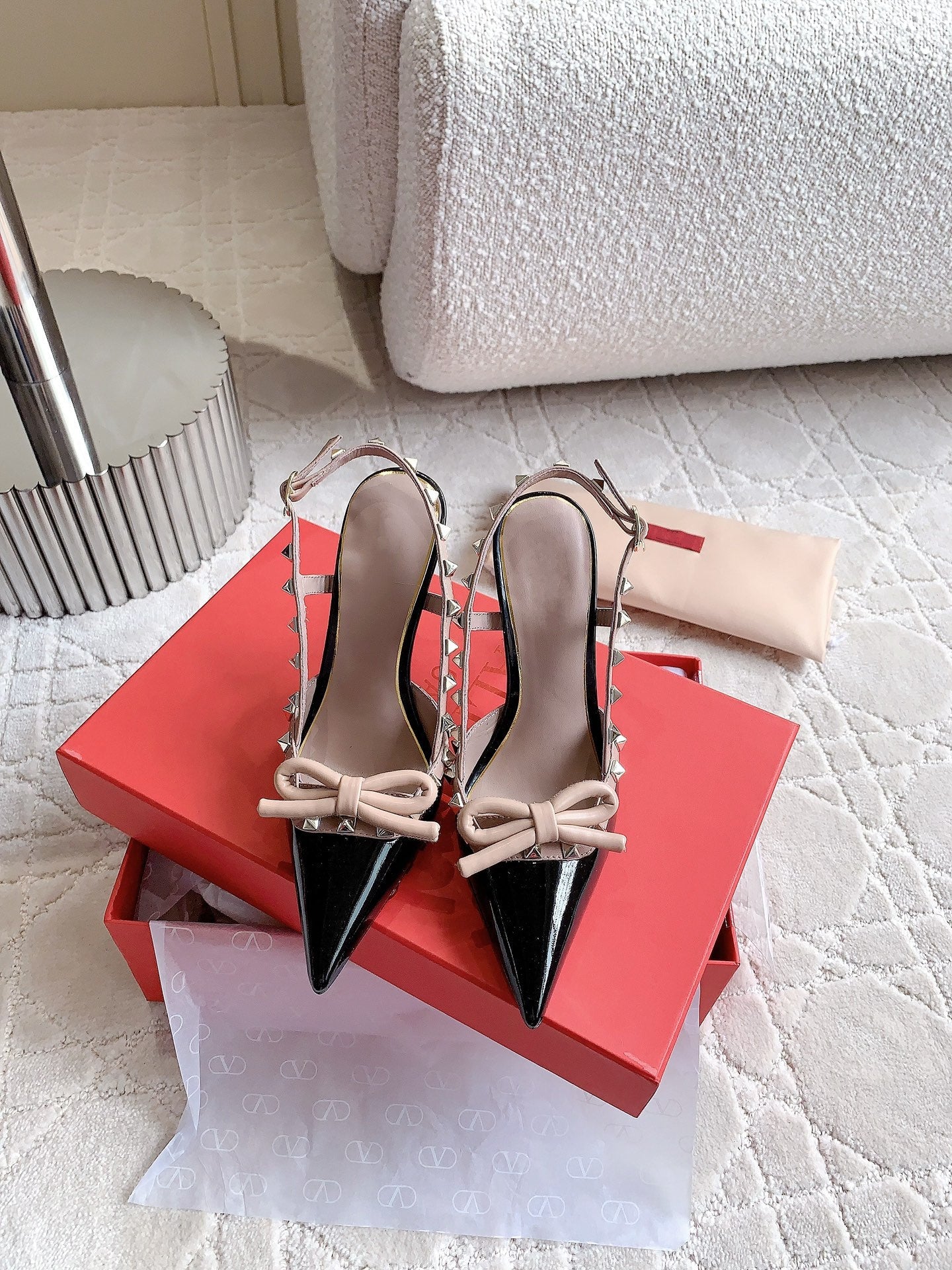 Rockstud High-heels Slingback 10cm Black and Rose Cannelle - 35