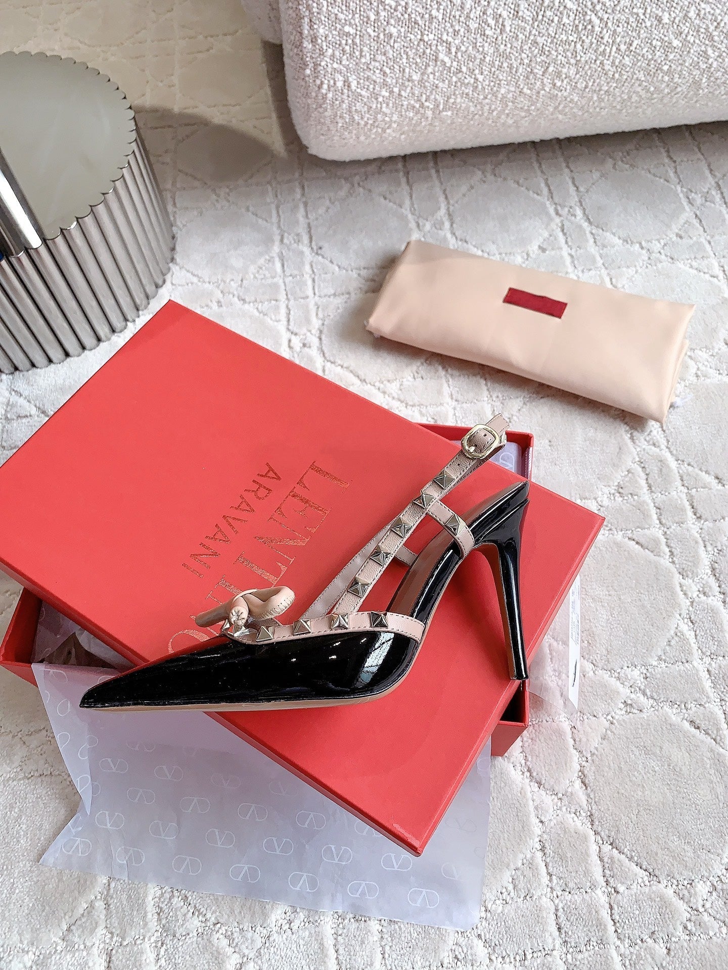 Rockstud High-heels Slingback 10cm Black and Rose Cannelle - 35