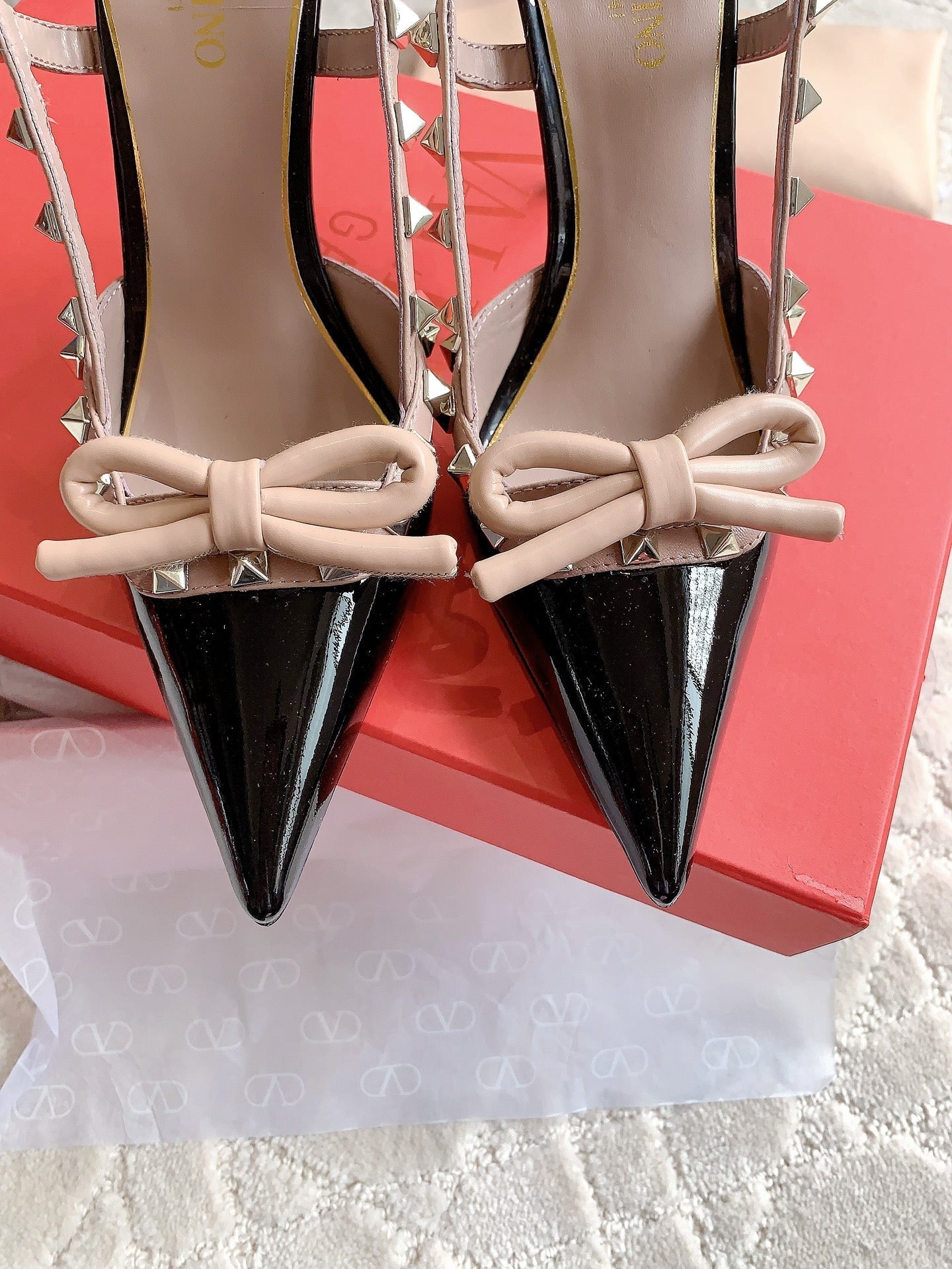 Rockstud High-heels Slingback 10cm Black and Rose Cannelle - 35
