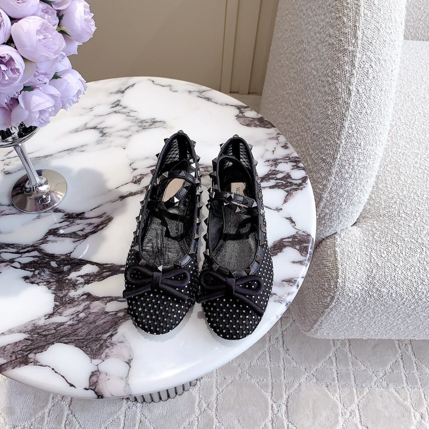 Rockstud Mesh Ballerina Black With Crystals - 35