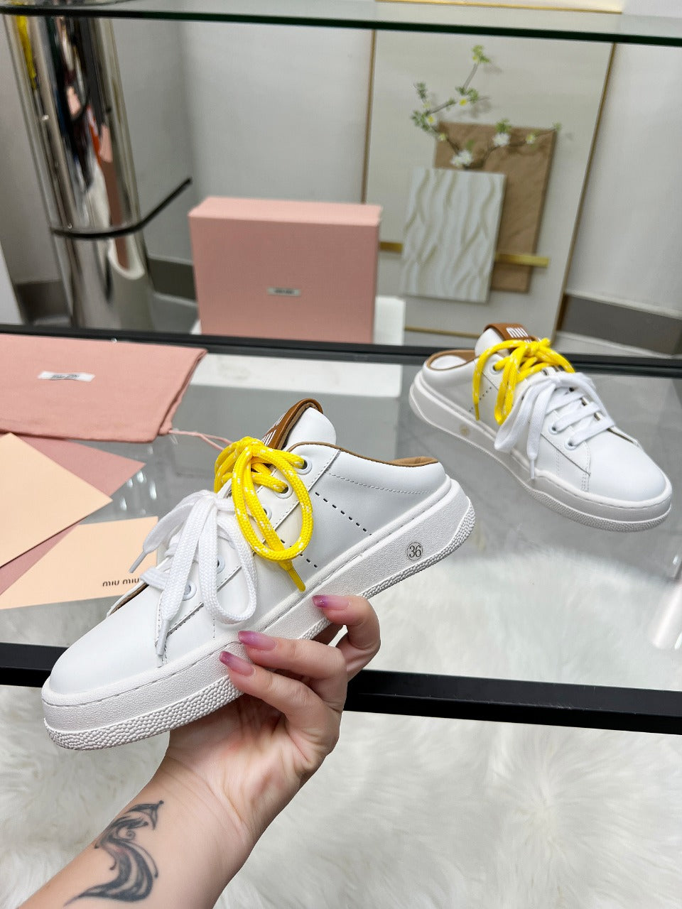 SNEAKER MULES IN WHITE MIX BROWN CALFSKIN WHITE  YELLOW LACES - 35