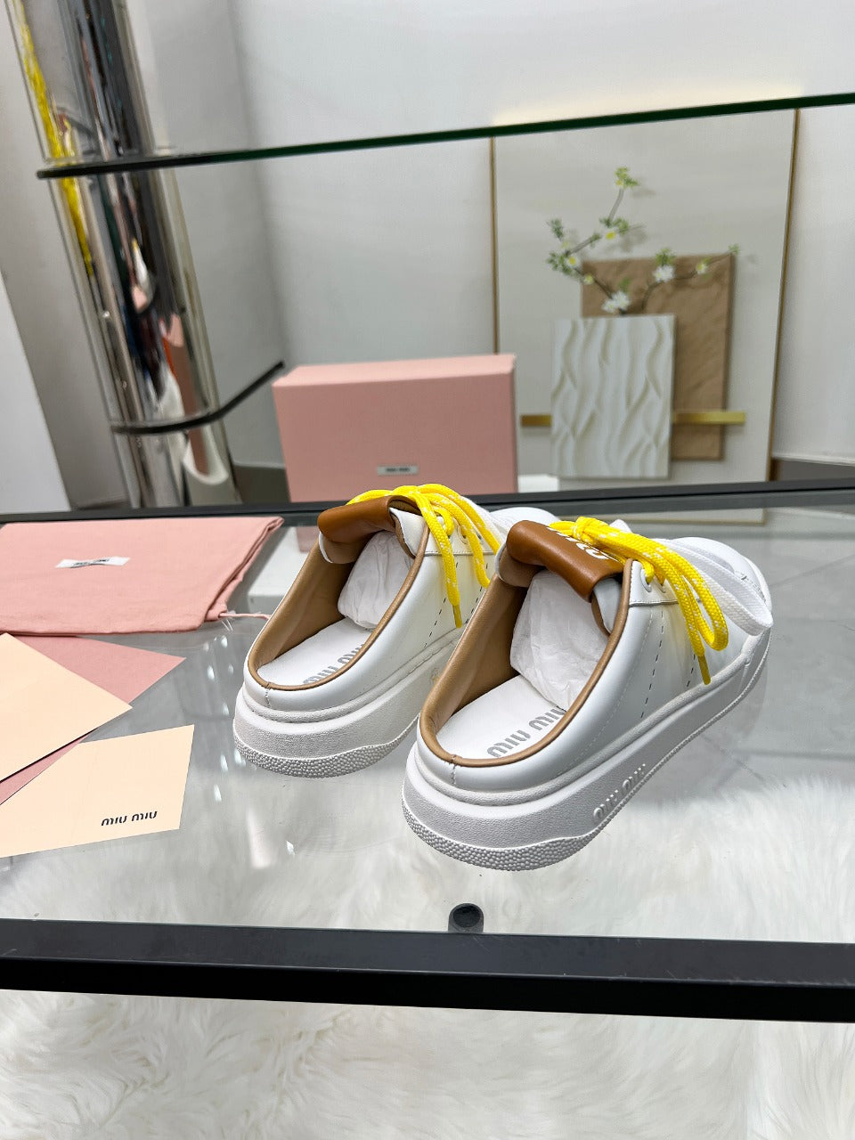 SNEAKER MULES IN WHITE MIX BROWN CALFSKIN WHITE  YELLOW LACES - 35