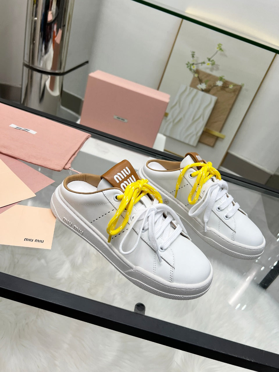 SNEAKER MULES IN WHITE MIX BROWN CALFSKIN WHITE  YELLOW LACES - 35