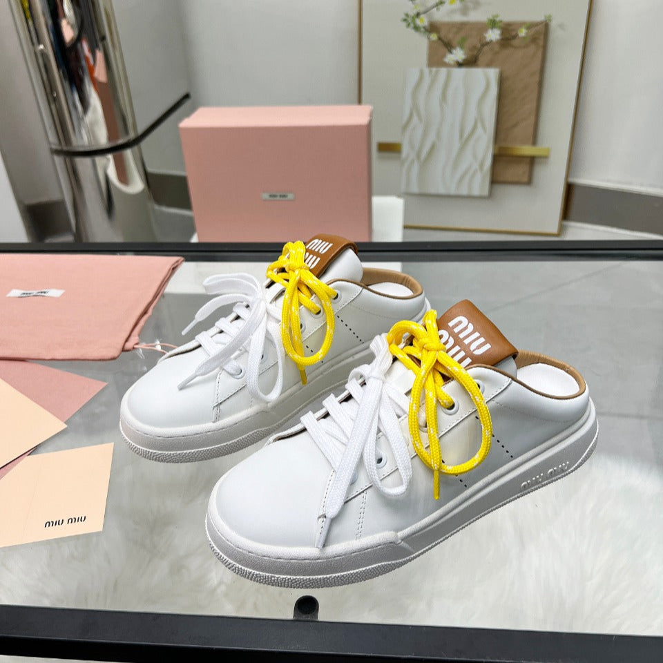 SNEAKER MULES IN WHITE MIX BROWN CALFSKIN WHITE  YELLOW LACES - 35