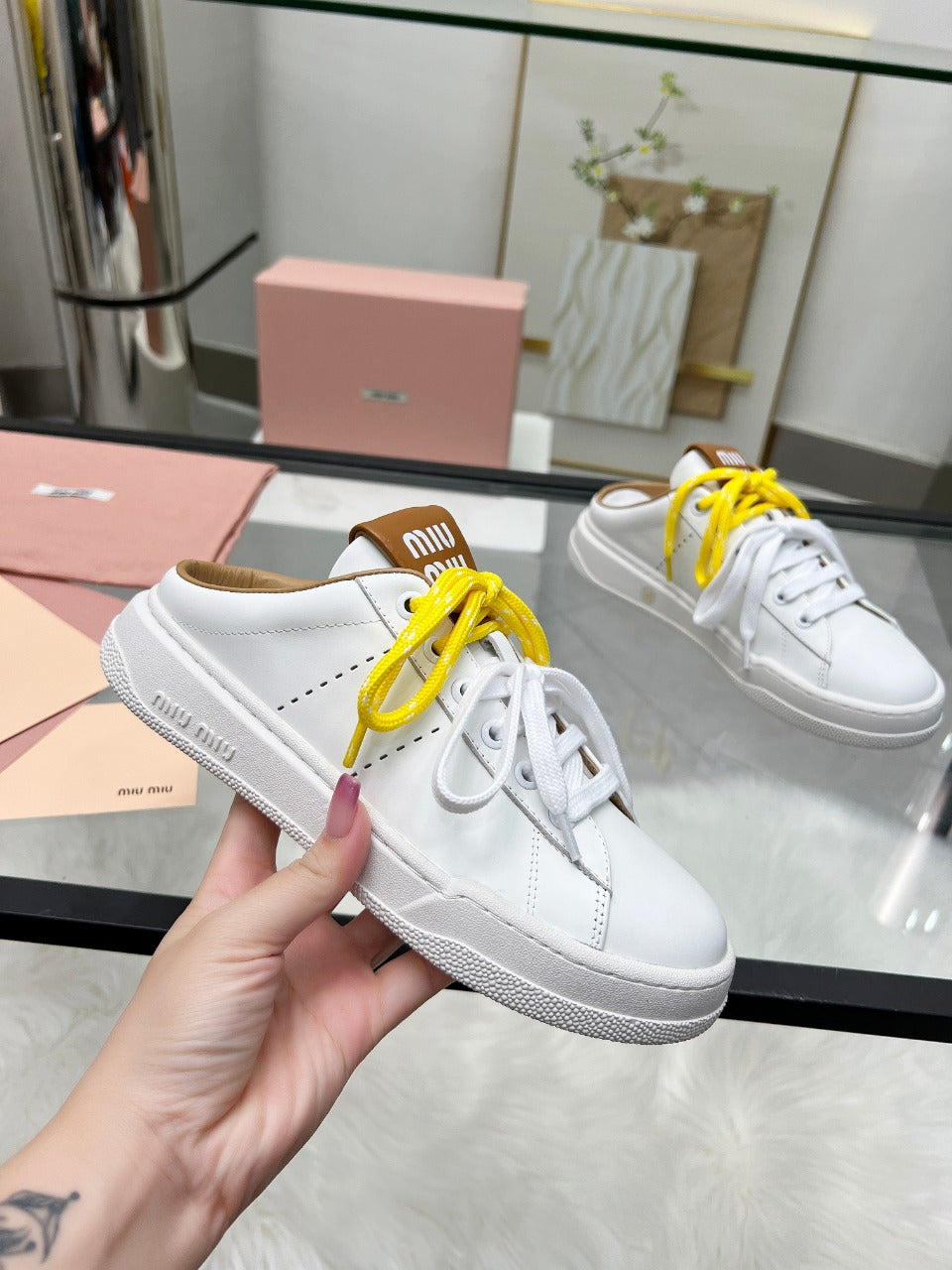 SNEAKER MULES IN WHITE MIX BROWN CALFSKIN WHITE  YELLOW LACES - 35