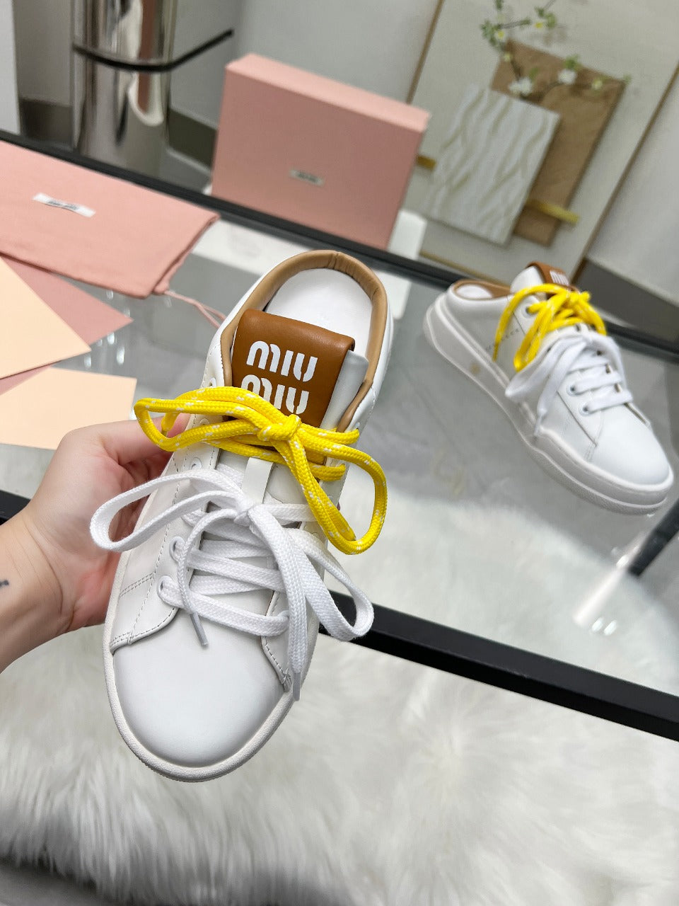 SNEAKER MULES IN WHITE MIX BROWN CALFSKIN WHITE  YELLOW LACES - 35