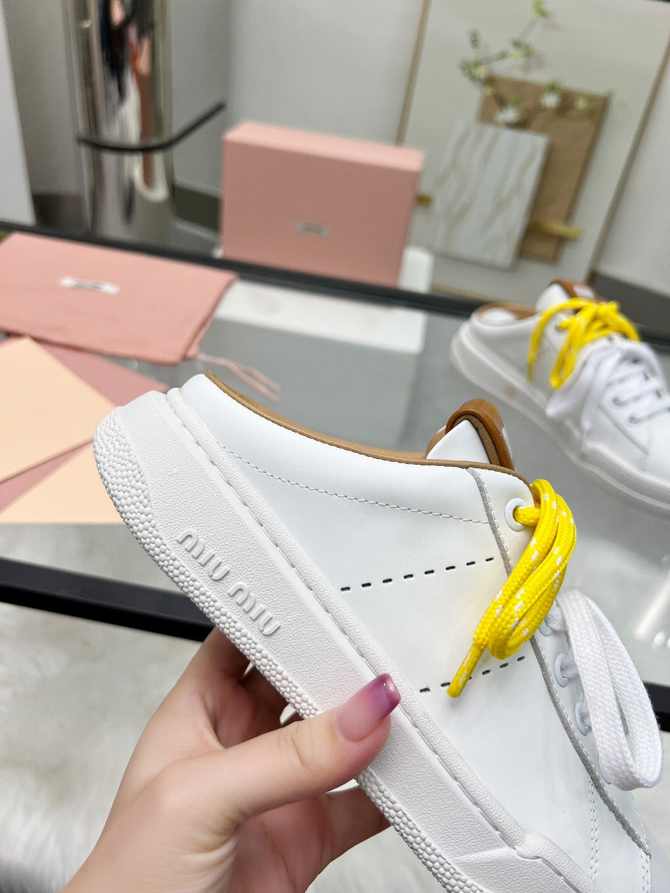 SNEAKER MULES IN WHITE MIX BROWN CALFSKIN WHITE  YELLOW LACES - 35