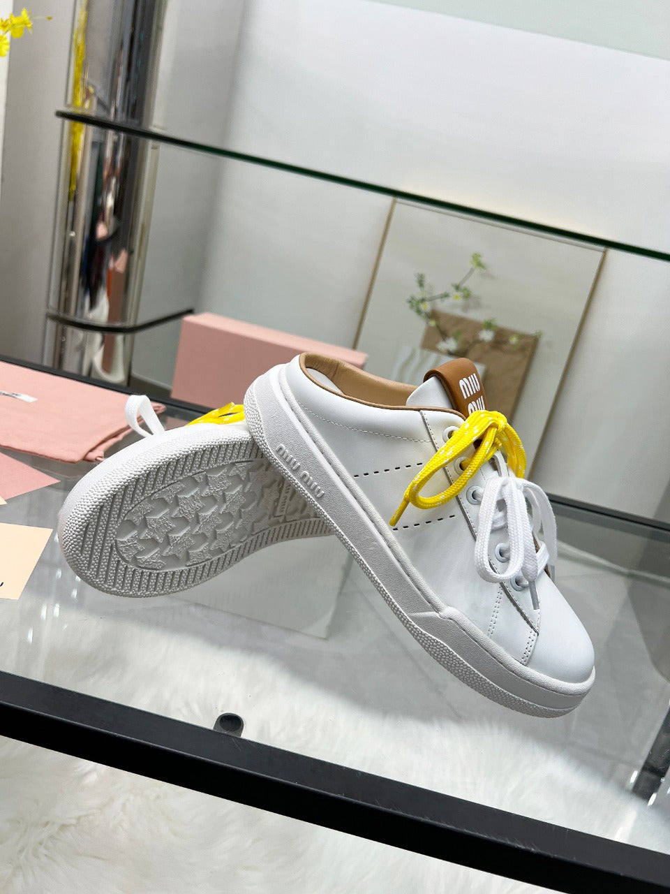 SNEAKER MULES IN WHITE MIX BROWN CALFSKIN WHITE  YELLOW LACES - 35