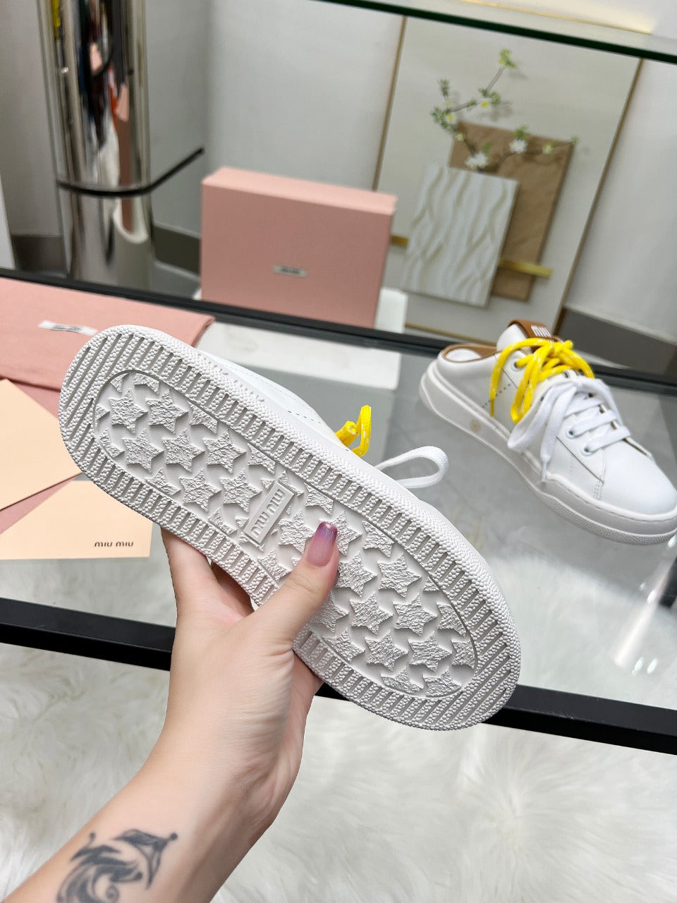 SNEAKER MULES IN WHITE MIX BROWN CALFSKIN WHITE  YELLOW LACES - 35