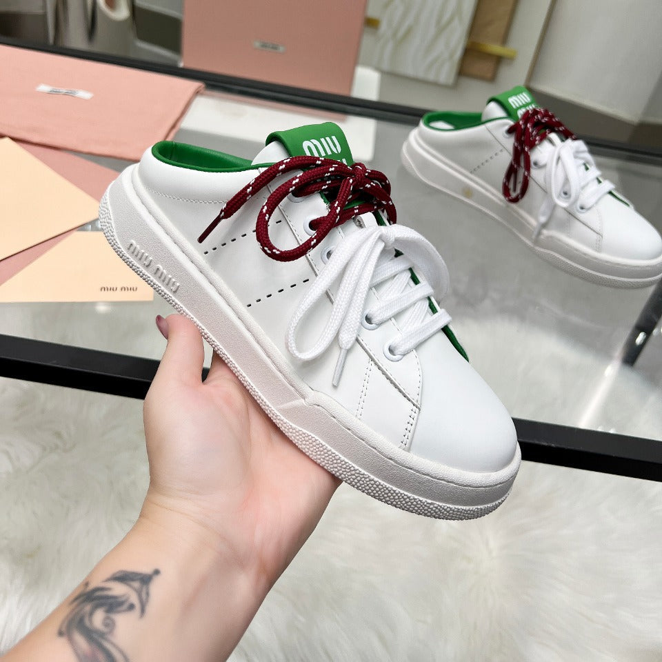 SNEAKER MULES IN WHITE MIX GREEN CALFSKIN WHITE RED LACES - 35
