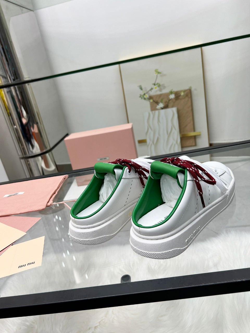 SNEAKER MULES IN WHITE MIX GREEN CALFSKIN WHITE RED LACES - 35