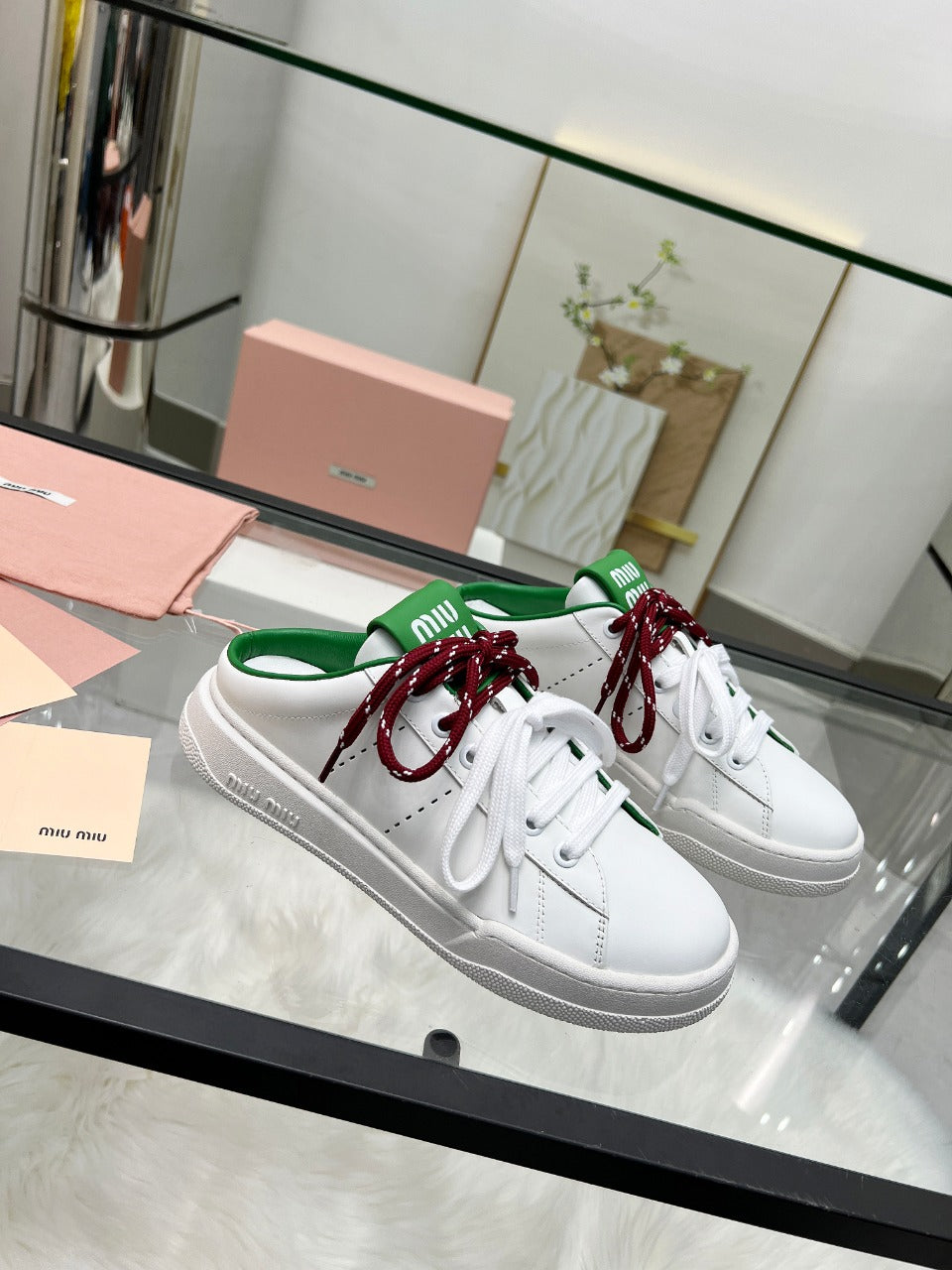 SNEAKER MULES IN WHITE MIX GREEN CALFSKIN WHITE RED LACES - 35