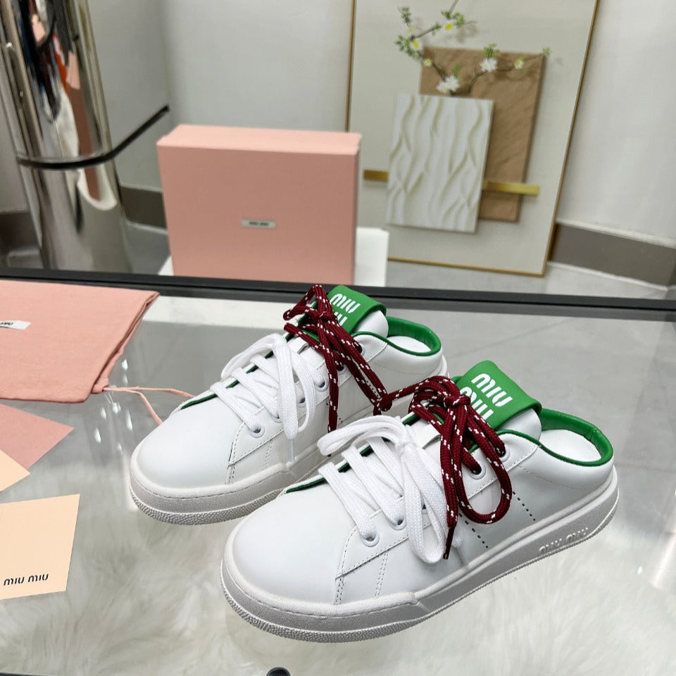 SNEAKER MULES IN WHITE MIX GREEN CALFSKIN WHITE RED LACES - 35