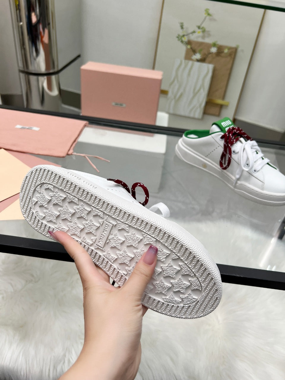 SNEAKER MULES IN WHITE MIX GREEN CALFSKIN WHITE RED LACES - 35