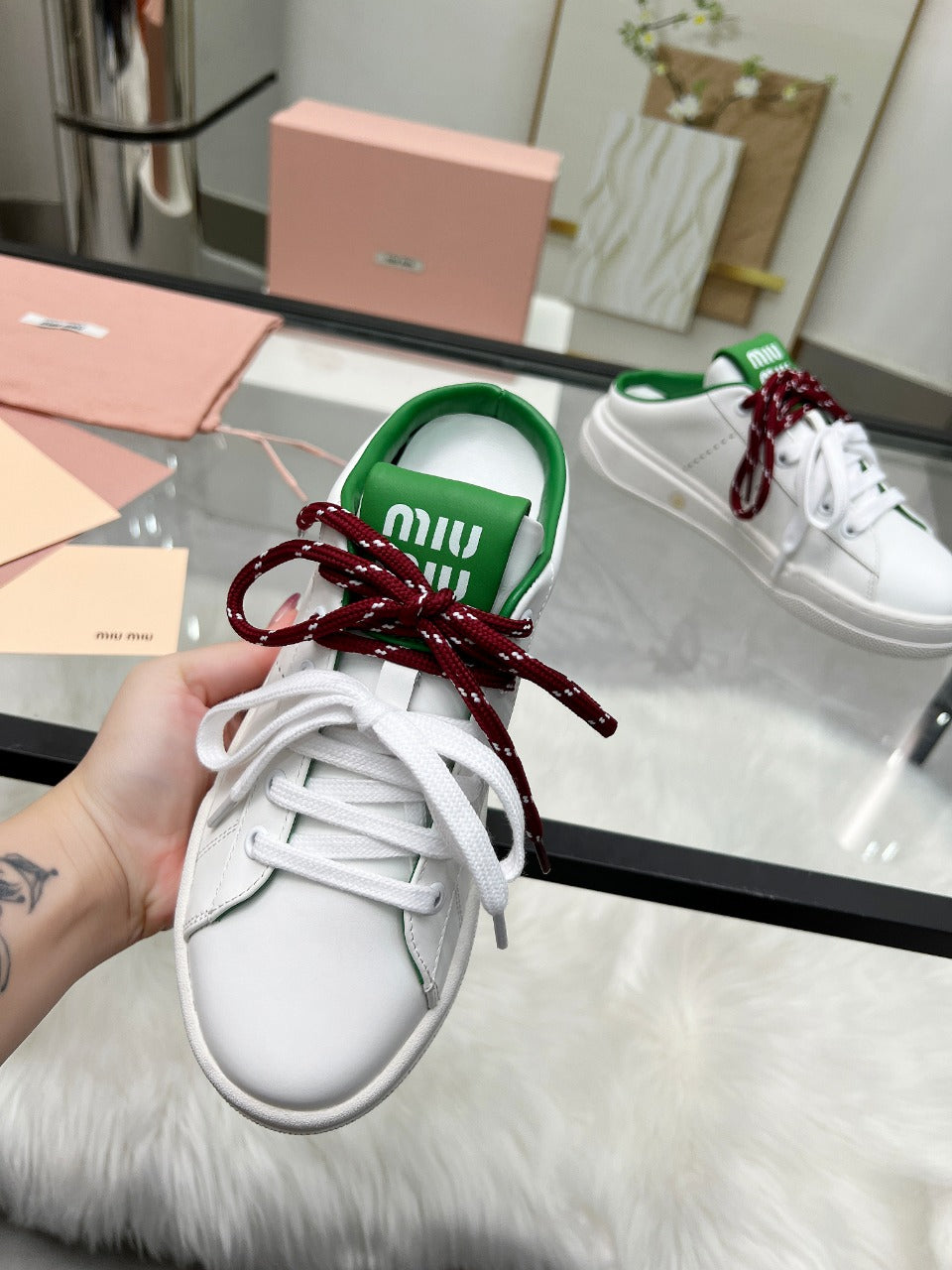 SNEAKER MULES IN WHITE MIX GREEN CALFSKIN WHITE RED LACES - 35
