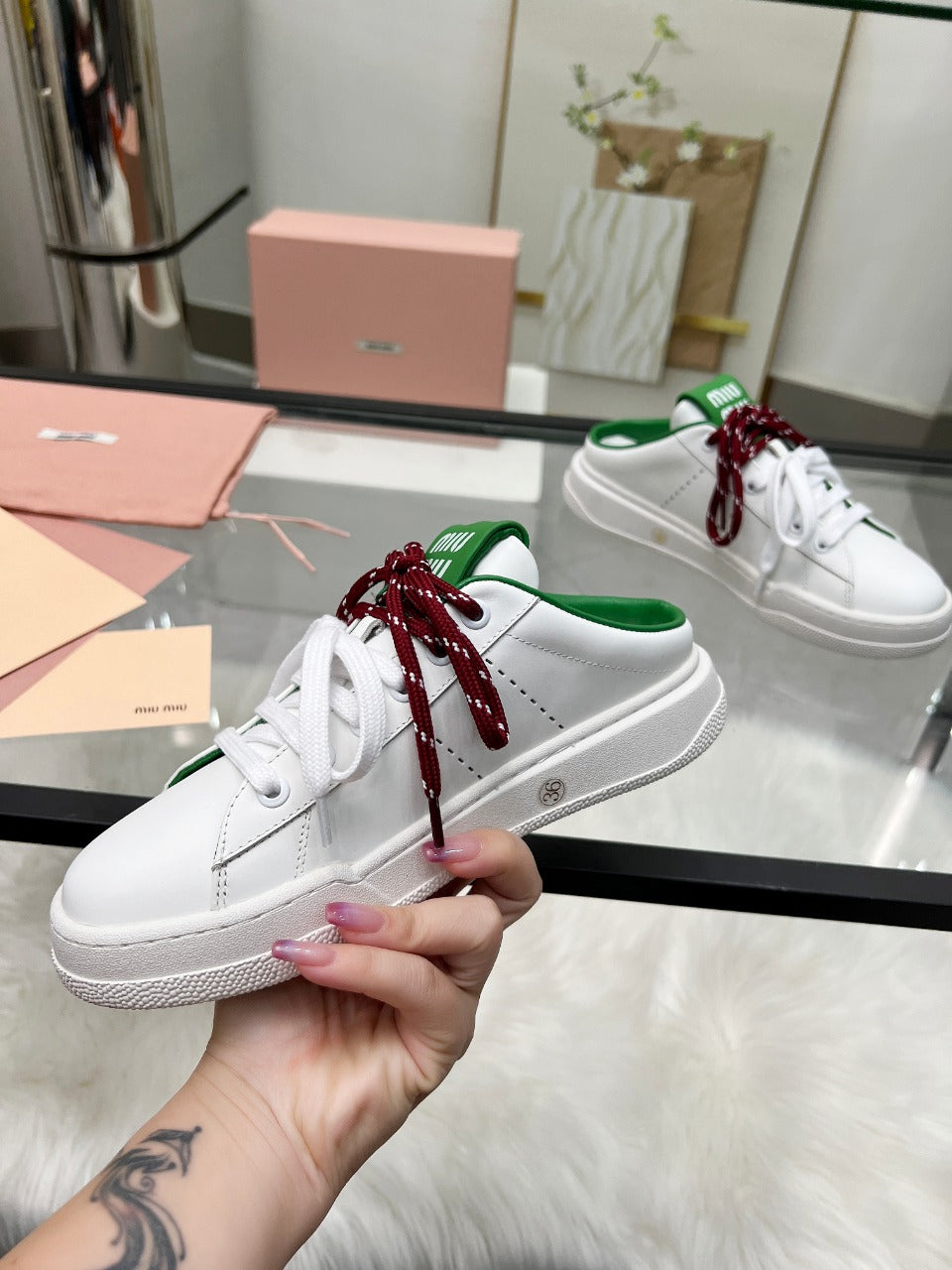 SNEAKER MULES IN WHITE MIX GREEN CALFSKIN WHITE RED LACES - 35