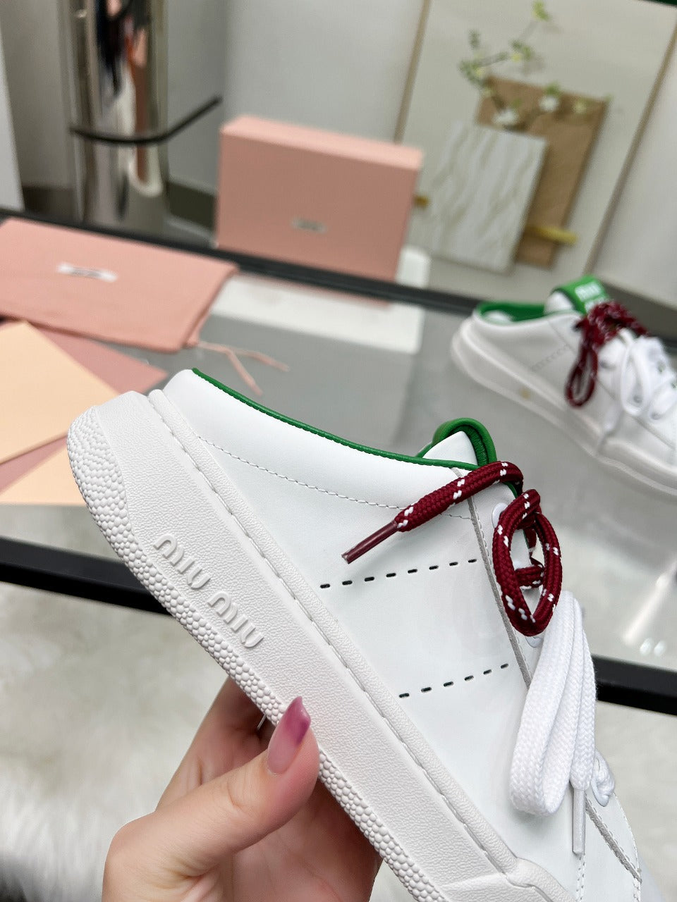 SNEAKER MULES IN WHITE MIX GREEN CALFSKIN WHITE RED LACES - 35
