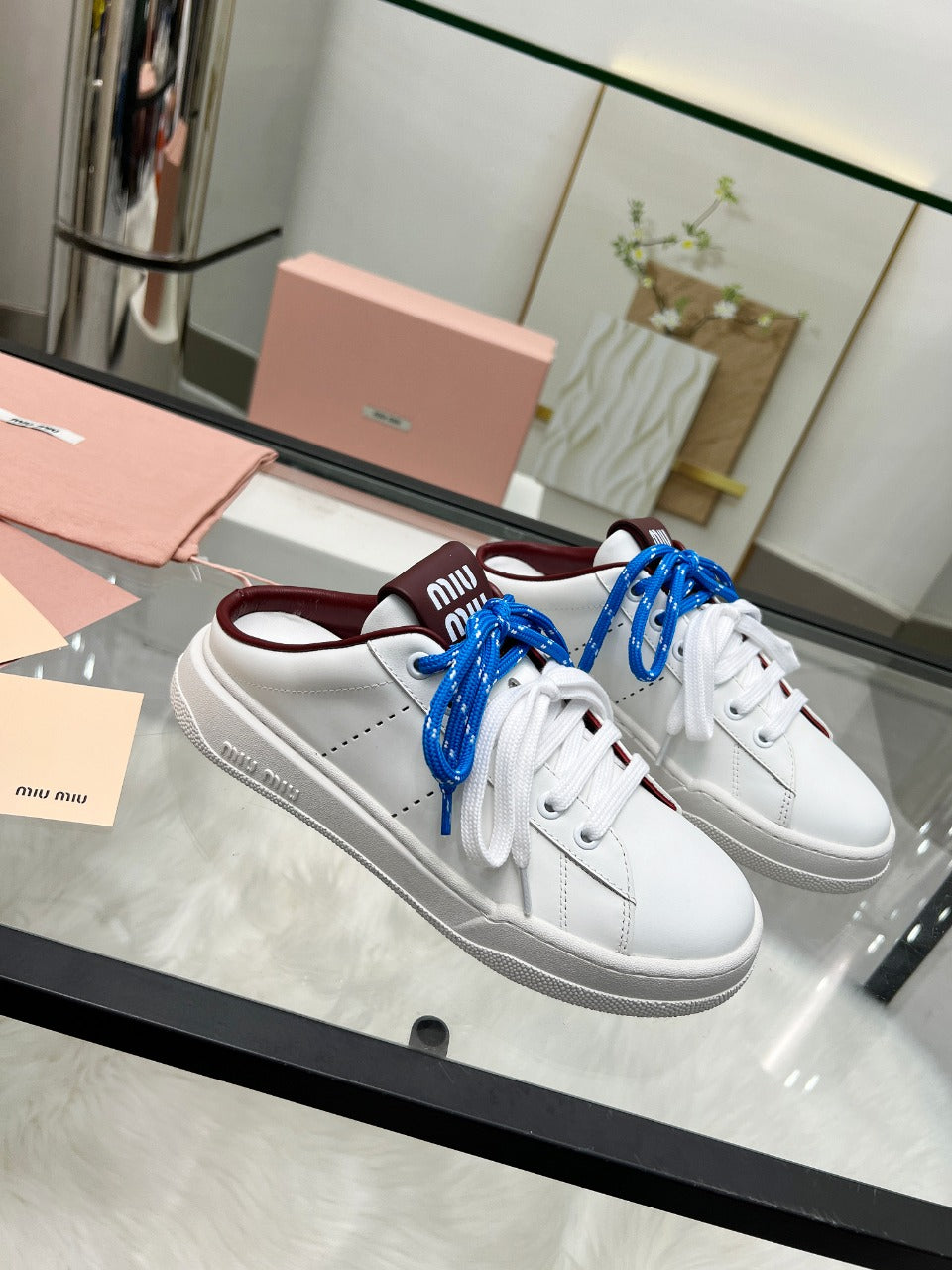 SNEAKER MULES IN WHITE CALFSKIN WHITE BLUE LACES - 35