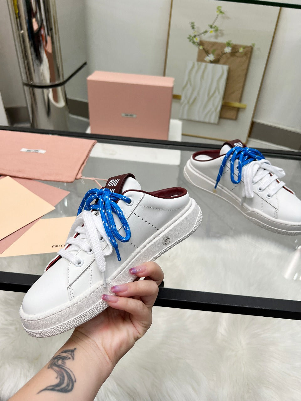 SNEAKER MULES IN WHITE CALFSKIN WHITE BLUE LACES - 35