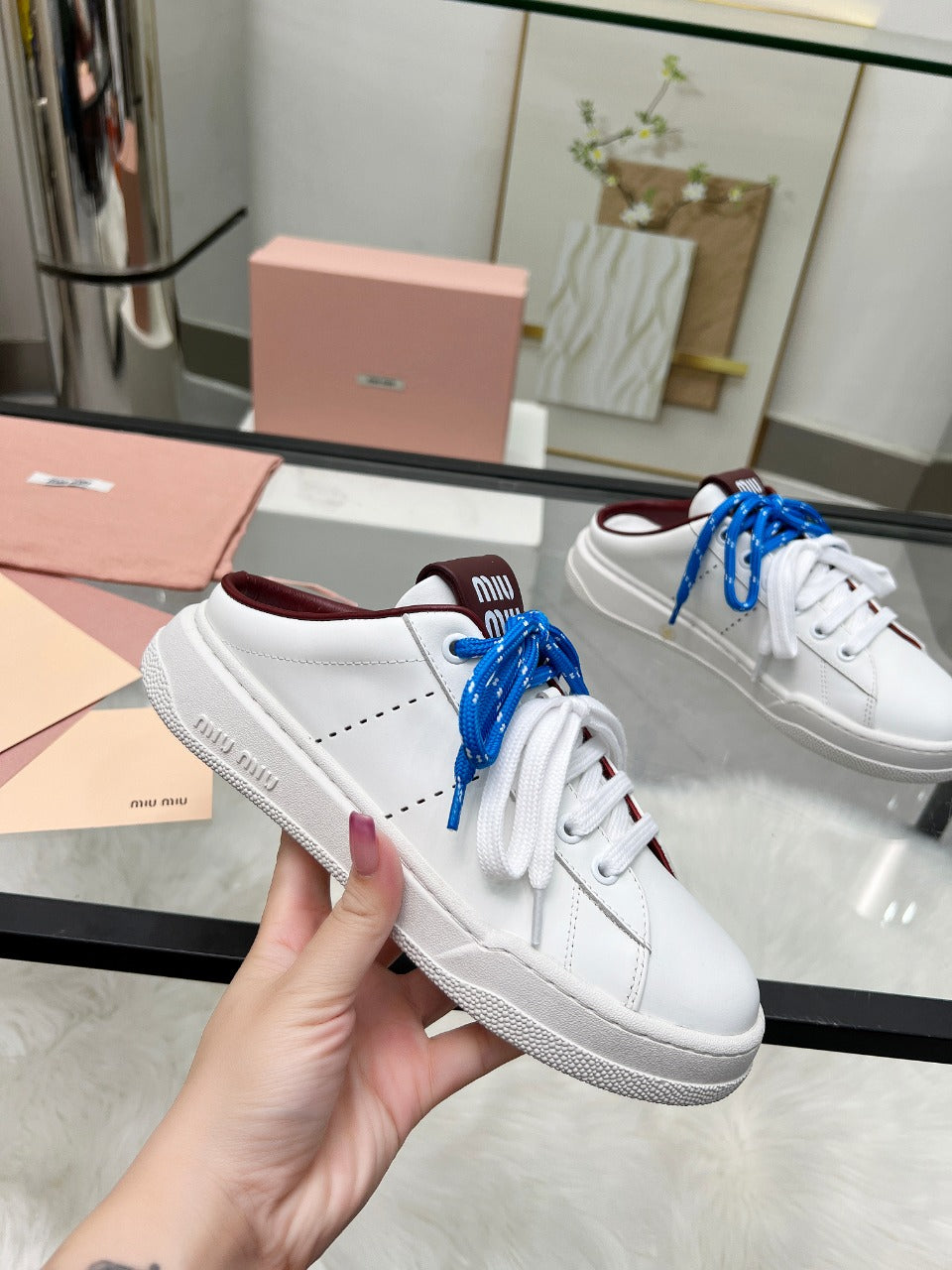 SNEAKER MULES IN WHITE CALFSKIN WHITE BLUE LACES - 35