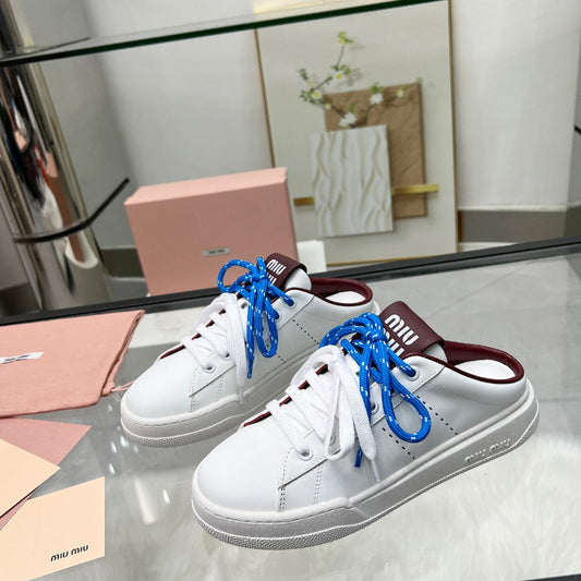 SNEAKER MULES IN WHITE CALFSKIN WHITE BLUE LACES - 35