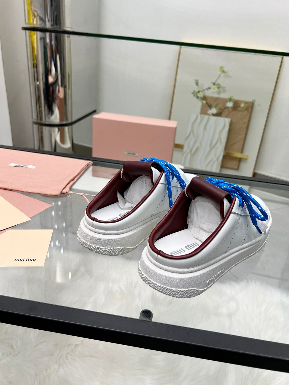 SNEAKER MULES IN WHITE CALFSKIN WHITE BLUE LACES - 35