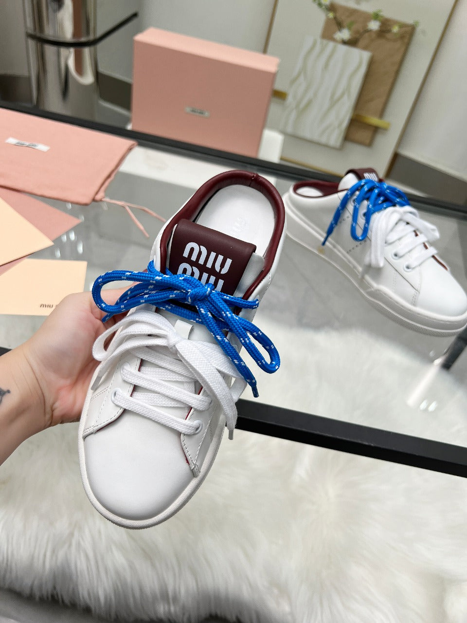SNEAKER MULES IN WHITE CALFSKIN WHITE BLUE LACES - 35