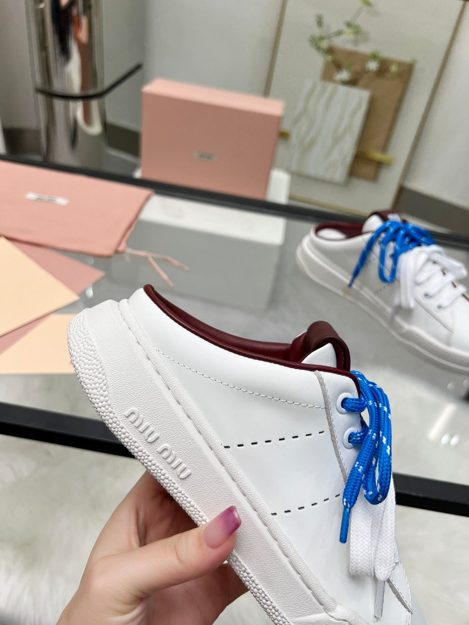 SNEAKER MULES IN WHITE CALFSKIN WHITE BLUE LACES - 35