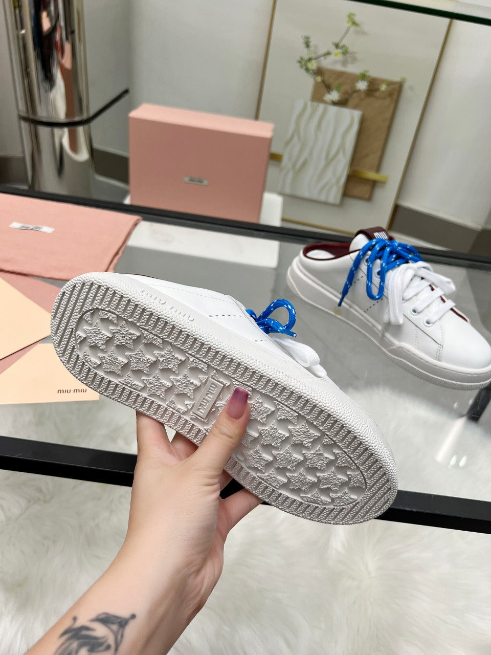 SNEAKER MULES IN WHITE CALFSKIN WHITE BLUE LACES - 35