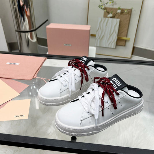 SNEAKER MULES IN BLACK AND WHITE CALFSKIN WHITE RED LACES - 35