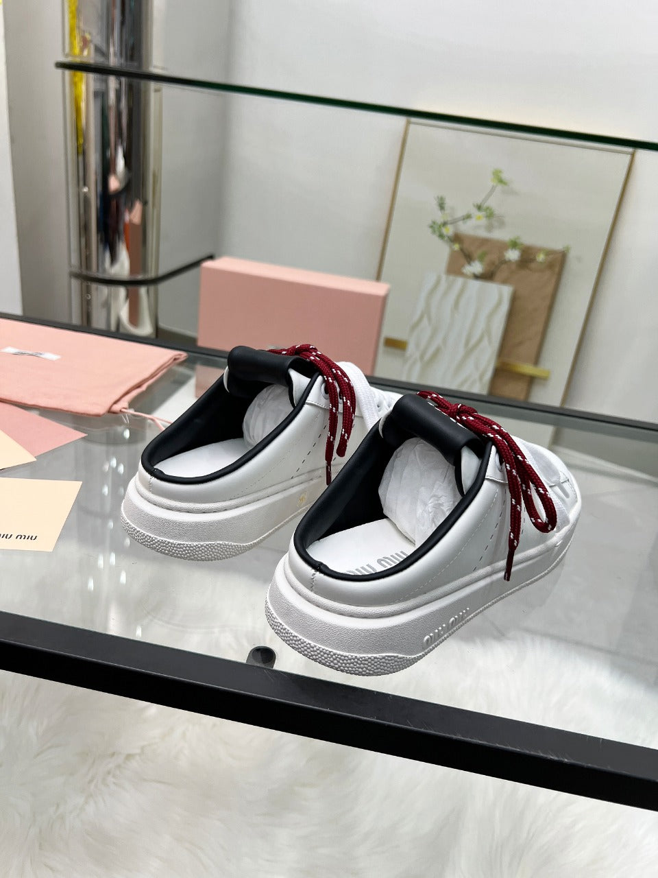 SNEAKER MULES IN BLACK AND WHITE CALFSKIN WHITE RED LACES - 35