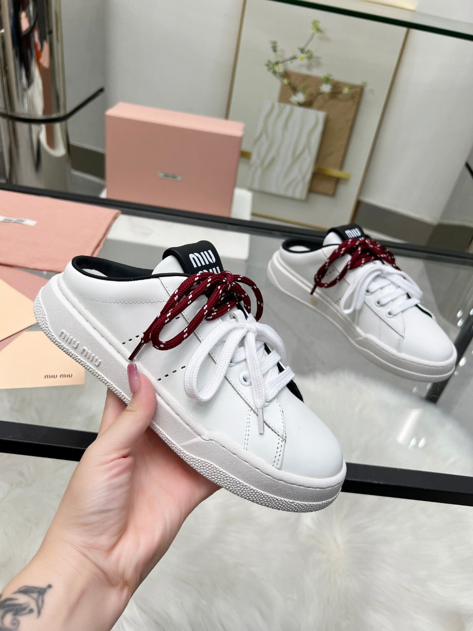 SNEAKER MULES IN BLACK AND WHITE CALFSKIN WHITE RED LACES - 35