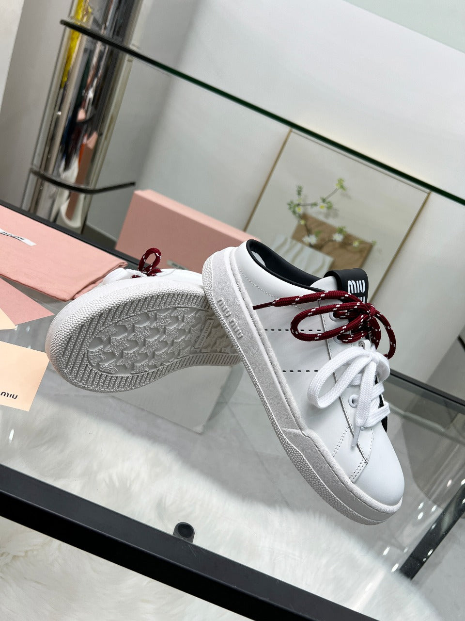 SNEAKER MULES IN BLACK AND WHITE CALFSKIN WHITE RED LACES - 35