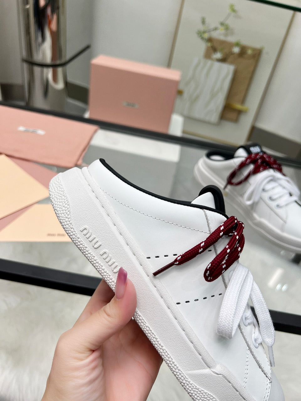 SNEAKER MULES IN BLACK AND WHITE CALFSKIN WHITE RED LACES - 35
